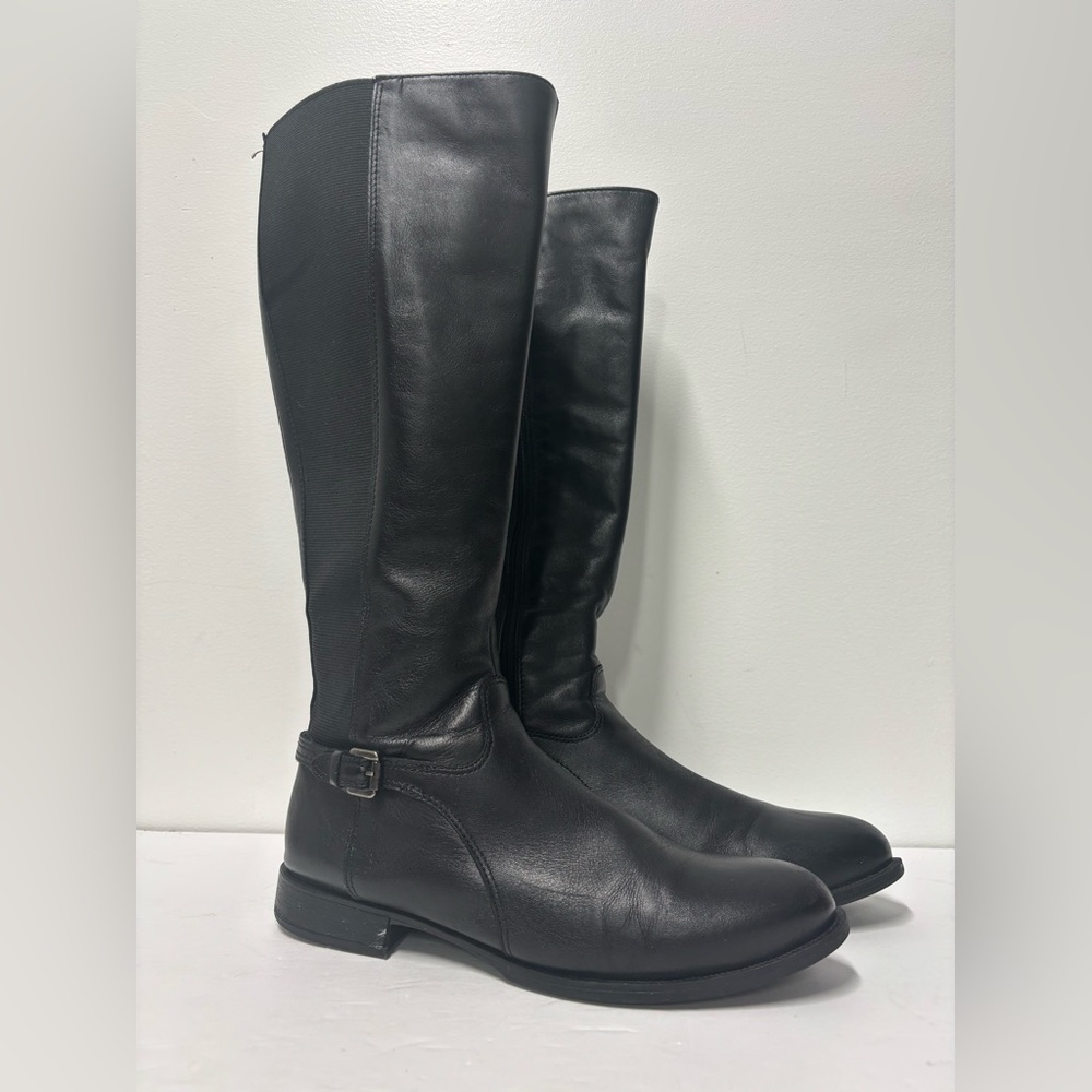 LA CANADIENNE Black Leather Buckle Stretch Knee High Boots Women’s Size 8 1/2